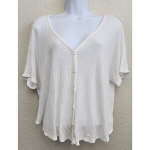 Live In The Moment Cream Waffle Knit Button Up Blouse Small Short Batwing Sleeve